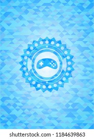 video game icon inside sky blue emblem with triangle mosaic background