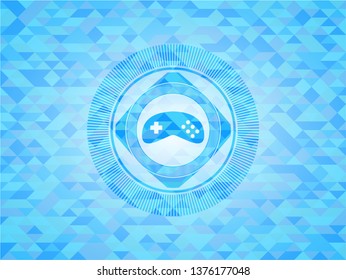 video game icon inside sky blue emblem. Mosaic background