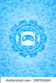 video game icon inside sky blue emblem with mosaic background