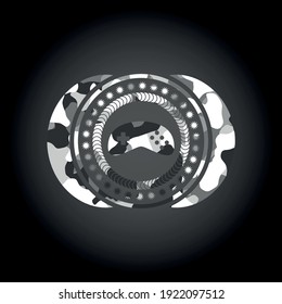 video game icon on grey camouflage pattern. 
