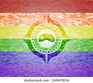 video game icon on mosaic background with the colors of the LGBT flag