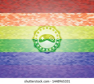 video game icon on mosaic background with the colors of the LGBT flag