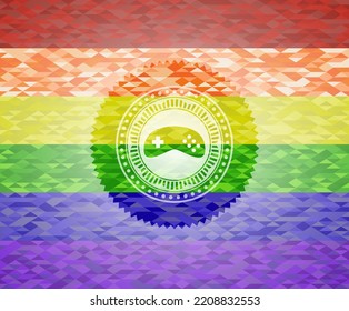 video game icon on mosaic background with the colors of the LGBT flag. 