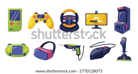 Video game icon set, gaming and electronics icon set, collection of electronic devices gaming equipment, includes modern gaming accessories and controllers 