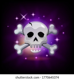 Video game icon with sparkly pirate skull and crossbones on dark background, vector illustration for graphic user interface in cartoon style