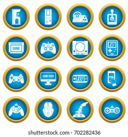 Video game icons blue circle set isolated on white for digital marketing