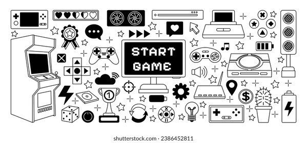 Video game icons. Outline doodle control joystick. Retro white gamer laptop. Black gamepad console and computer. Arcade machine. Computer playing. Gaming elements set. Vector flat tidy illustration