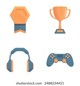 Video game icons set cartoon vector. Professional gaming equipment. Pastime, hobby