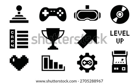 Video Game Icons Set. Controller, VR, Trophy, Arcade, Level Up. Black and White Gaming Elements.