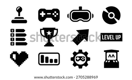 Video Game Icons Set. Controller, VR, Trophy, Arcade, Level Up. Black and White Gaming Elements.