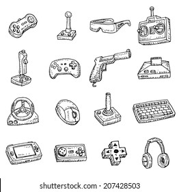 Video Game Icons Set, Doodle Illustration.