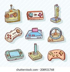 Video Game Icons Set, Doodle Illustration.