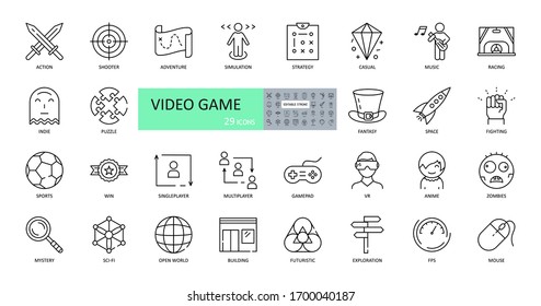 Video game icons. Set of images with editable stroke. Browser and downloadable games for computers and consoles.  
