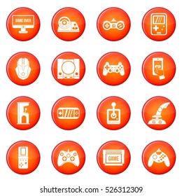 Video game icons vector set of red circles isolated on white background