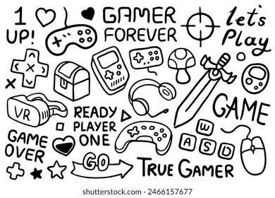 Video game illustrations set. Video game devices, icons, items black line art, outline illustrations and lettering sayings for gamers