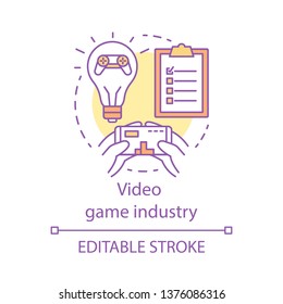 Video game industry concept icon. Play on phone. Testing software. Cybergame development. Esports strategy idea thin line illustration. Vector isolated outline drawing. Editable stroke