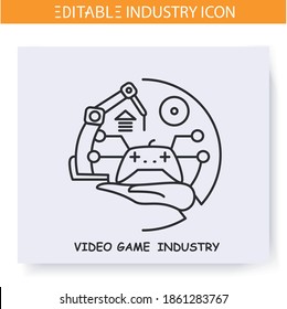 Video game industry line icon. Game design and development. Virtual reality technology. Contemporary production branches concept. Isolated vector illustration. Editable stroke 
