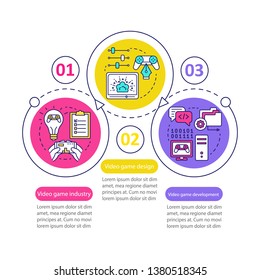 Video game industry vector infographic template. Business presentation design elements. Data visualization with three steps and options. Process timeline chart. Workflow layout with linear icons