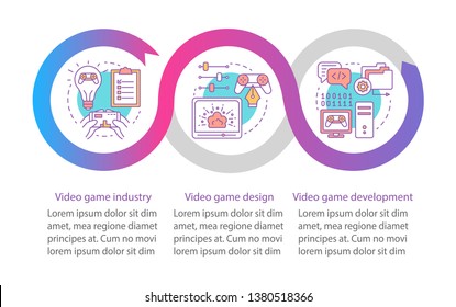 Video game industry vector infographic template. Business presentation design elements. Data visualization with three steps and options. Process timeline chart. Workflow layout with linear icons
