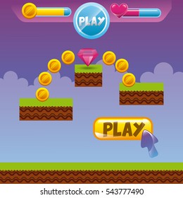 Video Game Interface With Coins, Heart And Diamond Icon. Colorful Design. Vector Illustration