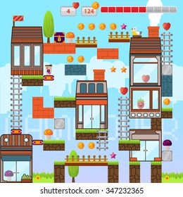 Video game interface design elements. Vector background and different blocks to construct your own game level. Vintage style game design. City level. Mobile game.