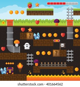 Video Game Interface Design Elements. Vector Background And Different Blocks To Construct Your Own Game Level. Vintage Style Game Design. Underground Level. Platform And Arcade Game Design. Pixel Game