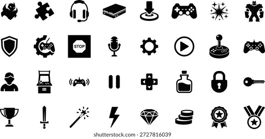 Video Game Interface und Gaming Icon Set - Minimalistische schwarze solide Symbole für E-Sport, mobile Apps und Arcade UI - Controller, Trophy, Level, Achievement, Joystick, Fantasy, Equipment.