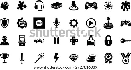 Video Game Interface and Gaming Icon Set - Minimalist black solid symbols for e-sports, mobile apps, and arcade UI - Controller, Trophy, Level, Achievement, Joystick, Fantasy, Equipment.