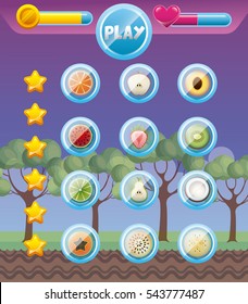 video game interface with stars and fruits icons. colorful design. vector illustration