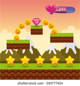 video game interface with stars, gold coins and diamond icon over mountains background. colorful design. vector illustration