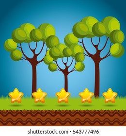 video game interface with trees and stars icon over blue background. colorful design. vector illustration