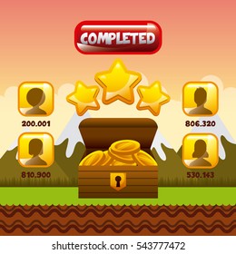 video game interface with users, stars and  box with gold coins icon. colorful design. vector illustration