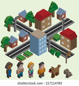 Video game isometric city with cartoon pixel characters icons set isolated vector illustration