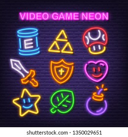 Video Game Item Neon Icons, Vector Neon Glow On Dark Background