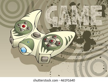 Video game joystick or controller with advanced design, grunge background with blots and stroked handwriting, vector illustration