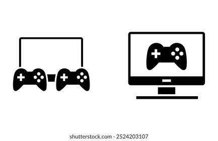 Video game joystick controller and monitor, game console icon vector