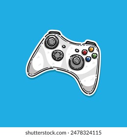 Video game joystick hand drawn doodle control in sticker style. Video gamer joystick controller element. Computer retro, arcade play concept. Vector illustration Design isolated in a blue background.