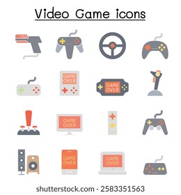 Video Game and Joystick icon set  in flat color style