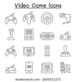 Video Game and Joystick icon set in thin line style