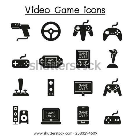 Video Game and Joystick icon set in glyph style