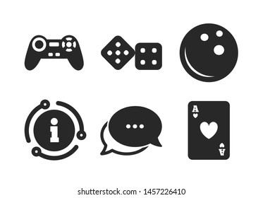 Video game joystick and playing card with dice symbols. Chat, info sign. Bowling and Casino icons. Entertainment signs. Classic style speech bubble icon. Vector