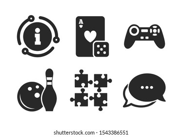 Video game joystick and playing card with puzzles pieces symbols. Chat, info sign. Bowling and Casino icons. Entertainment signs. Classic style speech bubble icon. Vector