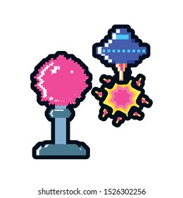 video game joystick with spaceship pixelated vector illustration design