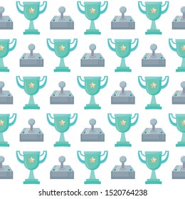 video game joystick and trophy pixelate pattern