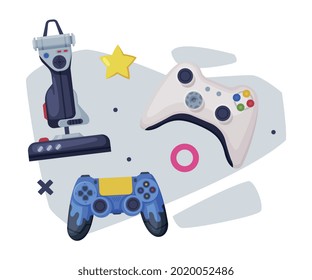 Video Game Joysticks, Modern And Retro Gamepads, Game Players Consoles Cartoon Vector Illustration