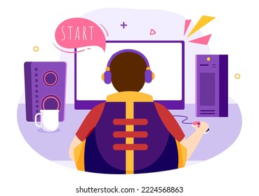 Video Game with Kids Playing Gamepad Controllers Fighting Console on Android Mobile Computer in Flat Cartoon Hand Drawn Template Illustration