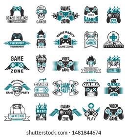 Video game labels. Gaming console cybersport logo joystick controller symbols of entertainment club vector collection