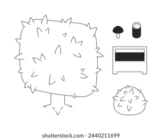 Video game landscape black and white 2D line cartoon objects set. Forest plants and open chest isolated vector outline items collection. Gameplay ornament monochromatic flat spot illustrations