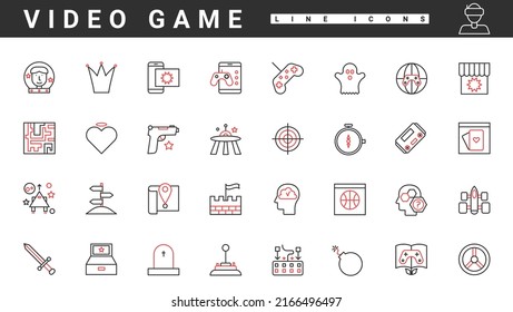 Video game, leisure and entertainment thin red and black line icons set vector illustration. Abstract puzzle, RPG, shooter genres for digital PC videogame, portable gadgets and controllers collection