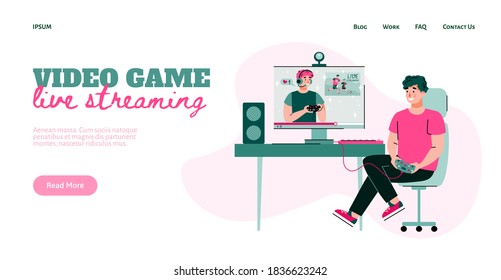 Video game life streaming website interface with cartoon characters of game blogger and gamer, flat vector illustration. Cyber sport broadcasting or blogging.